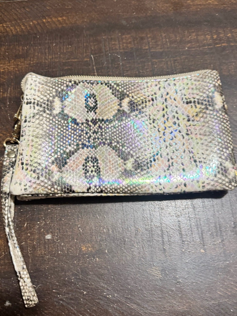 Iridescent Snake-Embossed Wristlet Clutch - White/Pearl